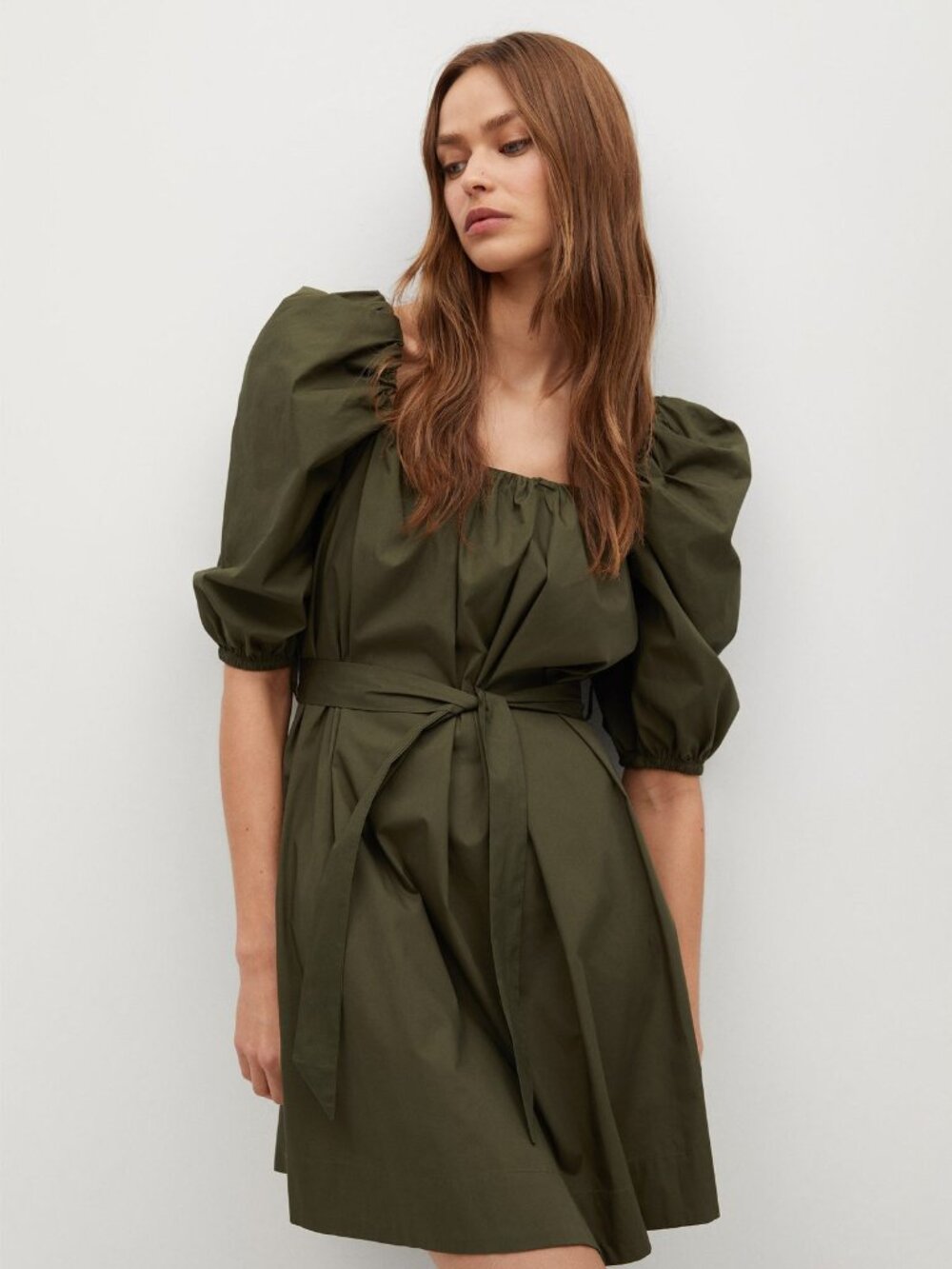 Mango MNG Cotton Poplin Puff Sleeve Belted Mini Dress Olive Green | Size S